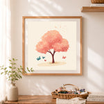 Finished peach tree with butterflies cross stitch artwork displayed as home decor