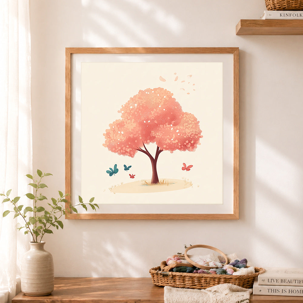 Finished peach tree with butterflies cross stitch artwork displayed as home decor