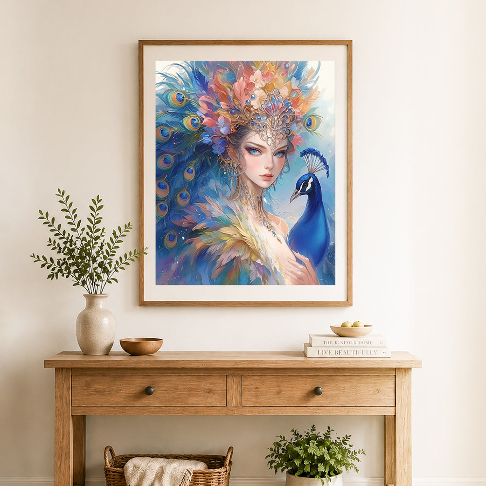Finished peacock goddess cross stitch artwork displayed as home decor