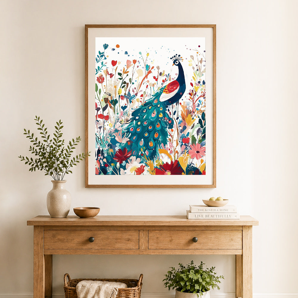 Finished peacock in wild floral garden cross stitch artwork displayed as home decor