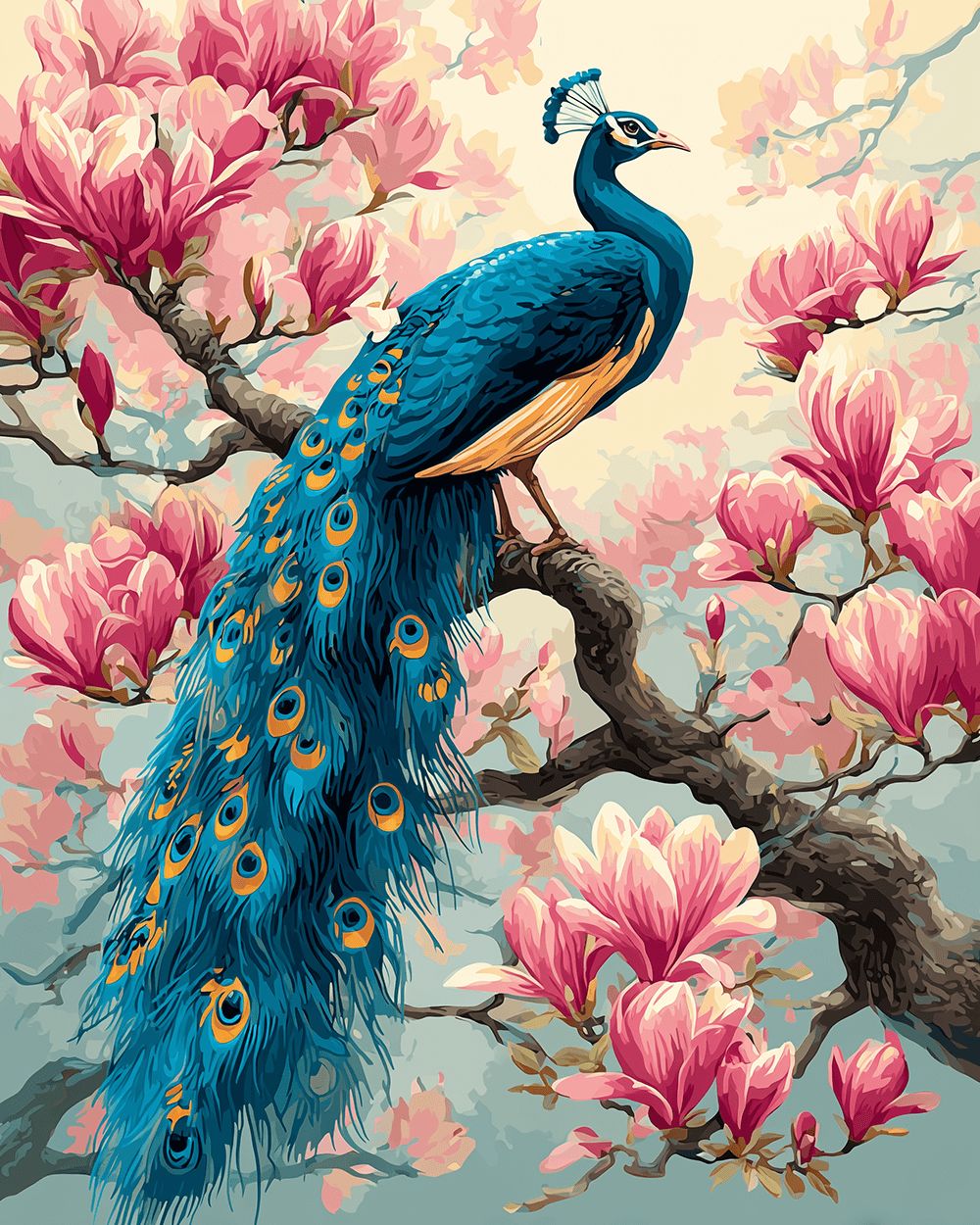 Peacock on magnolia cross stitch kit for beginners