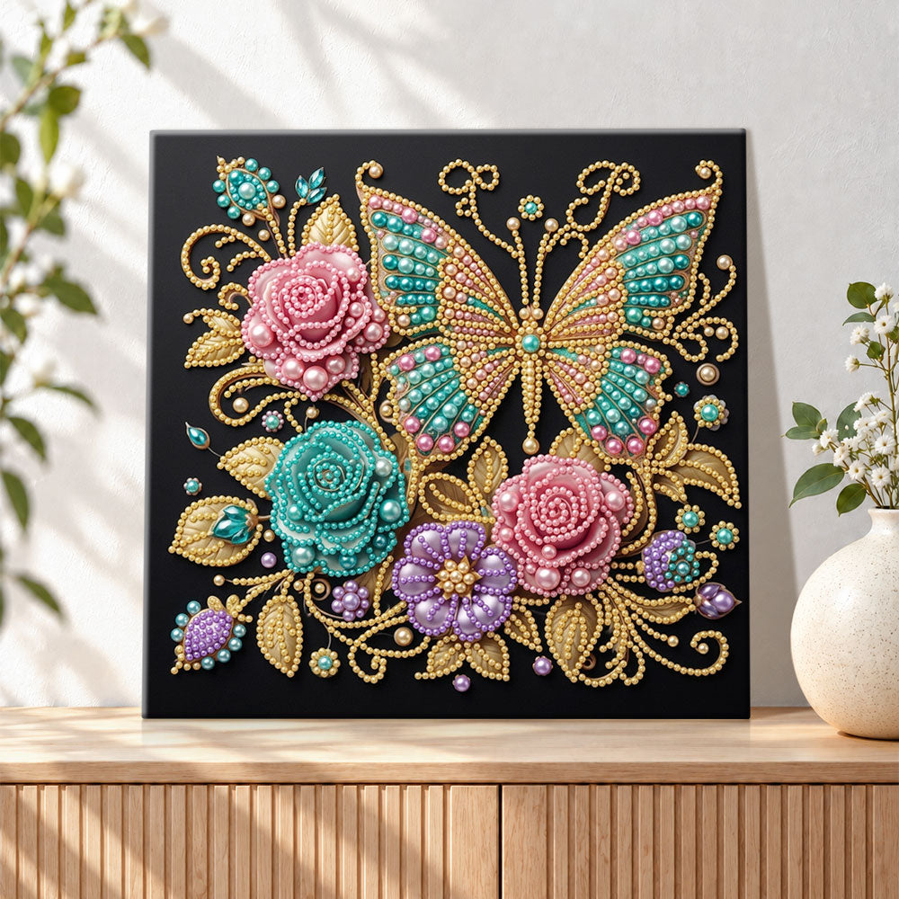 Finished pearl butterfly and roses pearl diamond painting artwork displayed as holiday home decor