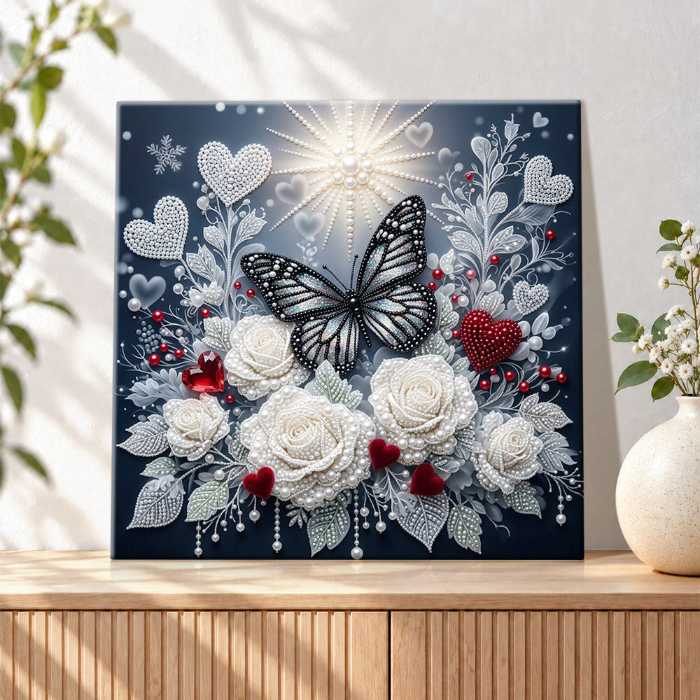 Finished pearl butterfly with white roses pearl diamond painting artwork displayed as holiday home decor