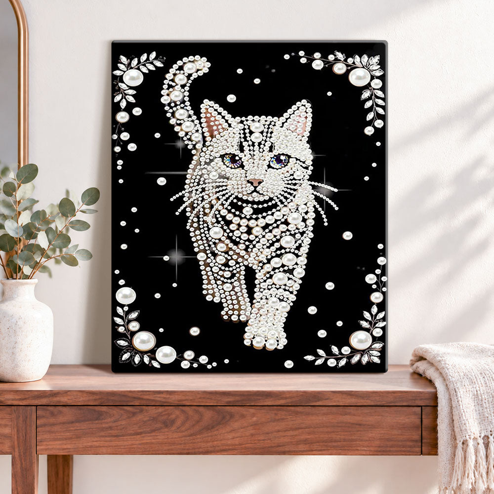 Finished pearl cat pearl diamond painting artwork displayed as home decor