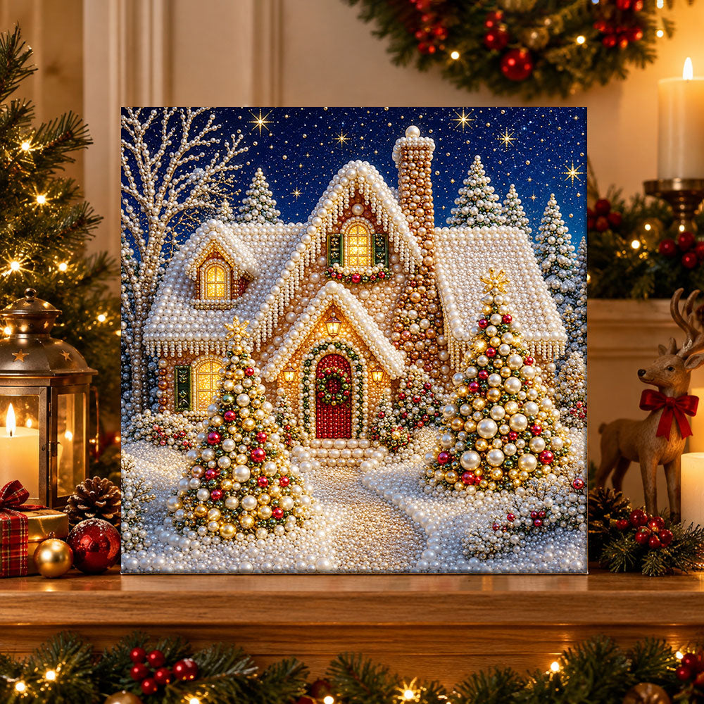 Finished pearl christmas cottage pearl diamond painting artwork displayed as holiday home decor