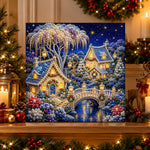 Finished pearl christmas house by the lake pearl diamond painting artwork displayed as holiday home decor