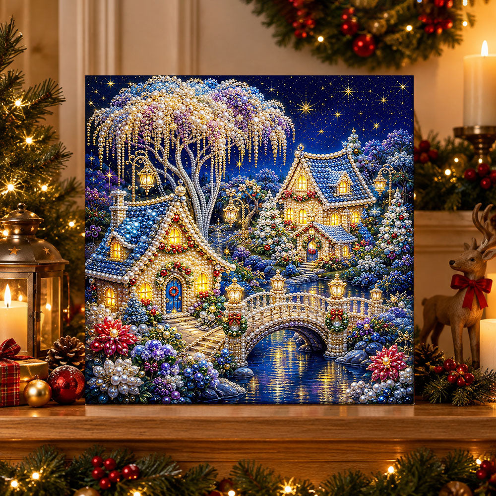 Finished pearl christmas house by the lake pearl diamond painting artwork displayed as holiday home decor