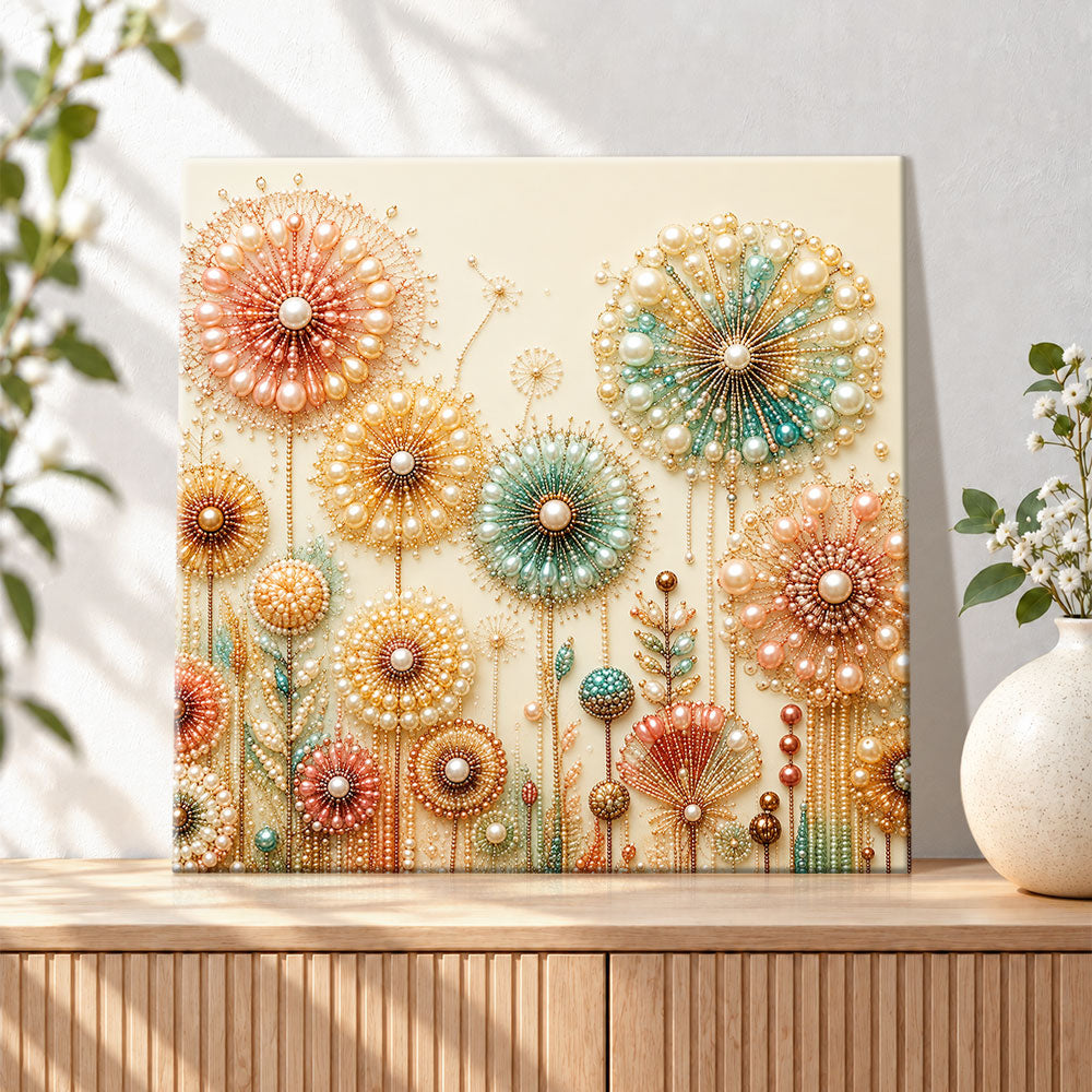 Finished pearl dandelion floral art pearl diamond painting artwork displayed as holiday home decor