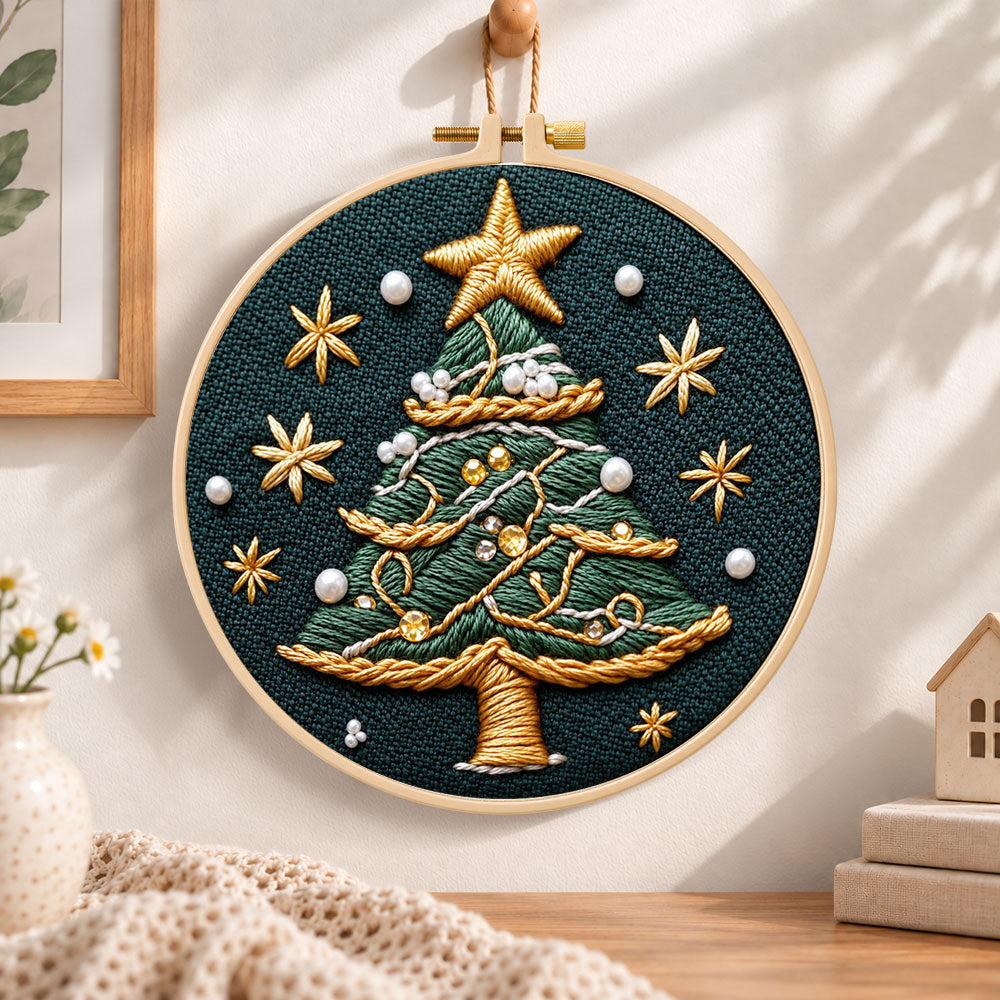 Pearl decorated tree embroidery hoop wall art displayed as warm and cozy handmade home decor