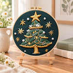 Pearl decorated tree embroidery kit finished hoop displayed on a wooden stand as cozy tabletop decor