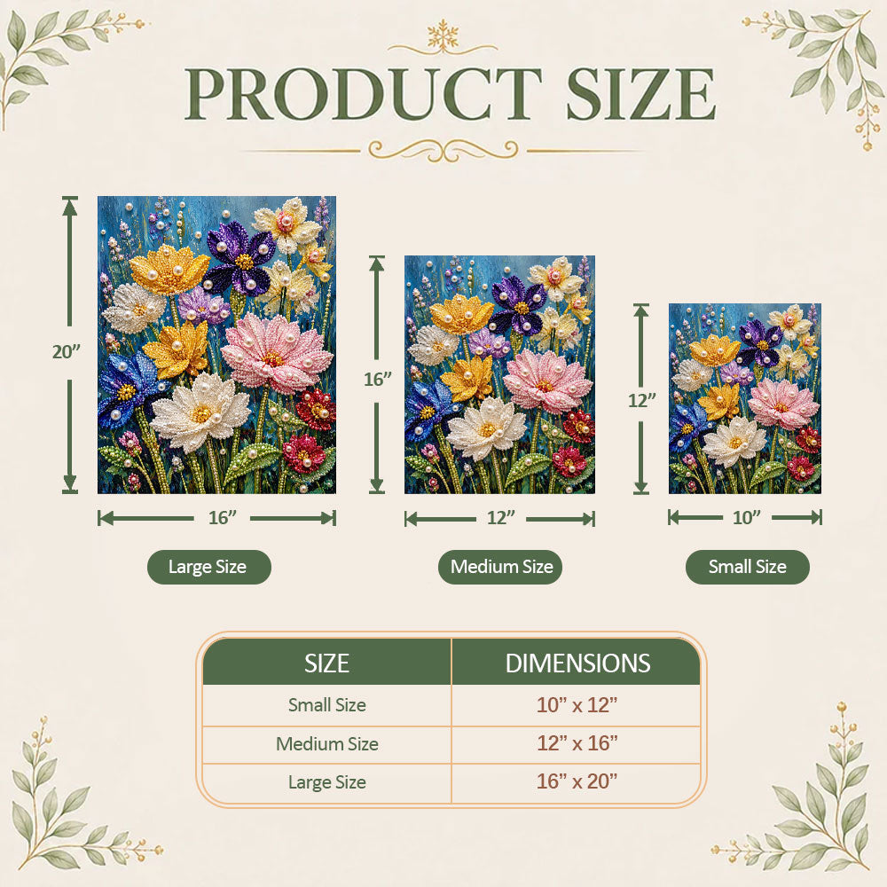 Pearl diamond painting kit size guide showing three rectangle sizes