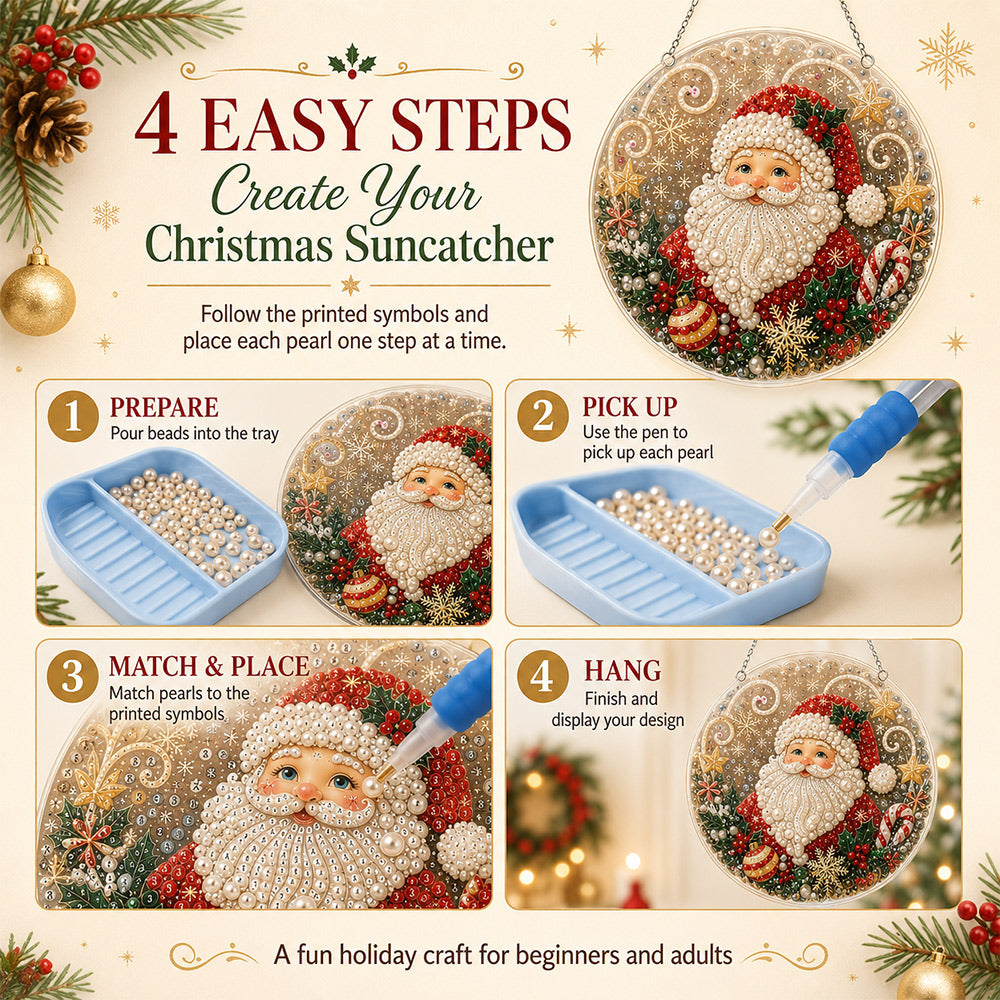 Hands creating a pearl diamond painting kit with pearl beads and tools