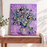 Finished pearl irises in purple vase pearl diamond painting artwork displayed as home decor