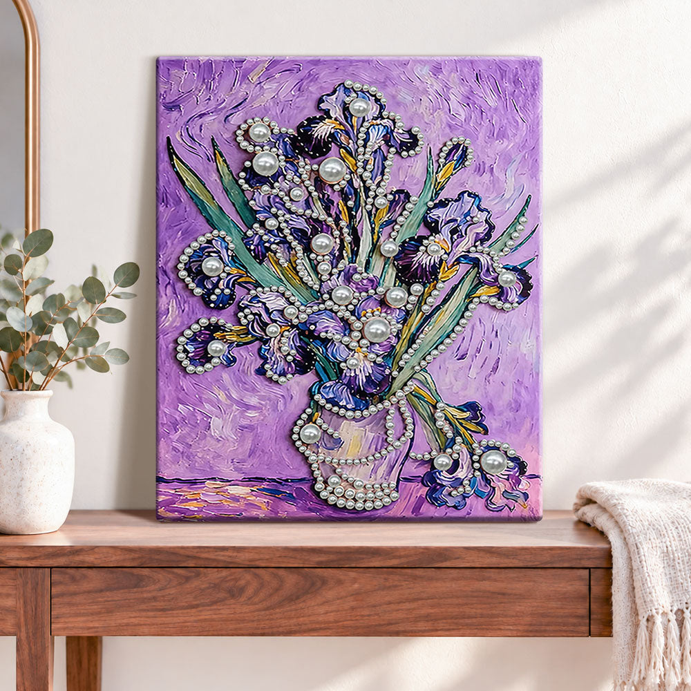 Finished pearl irises in purple vase pearl diamond painting artwork displayed as home decor
