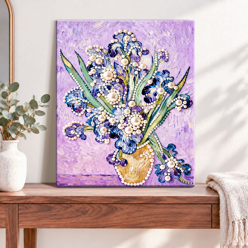 Finished pearl irises in vase pearl diamond painting artwork displayed as home decor