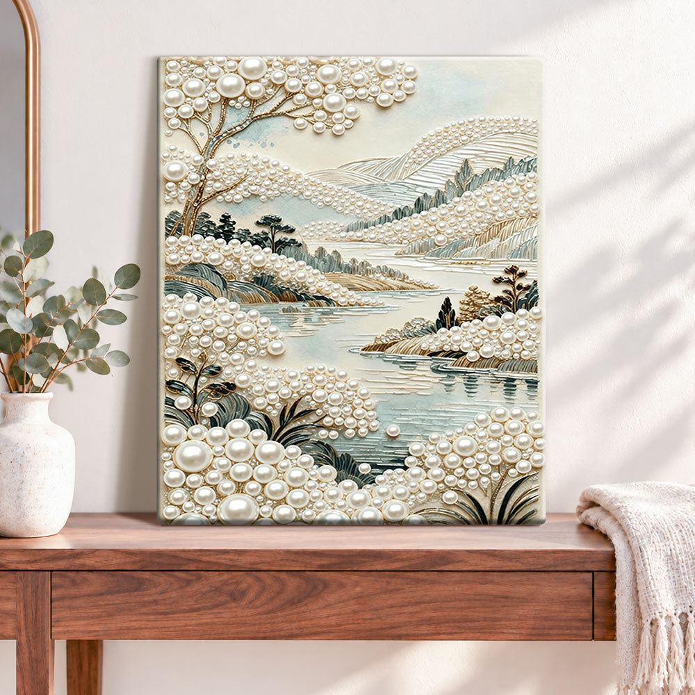 Finished pearl mountain landscape pearl diamond painting artwork displayed as home decor