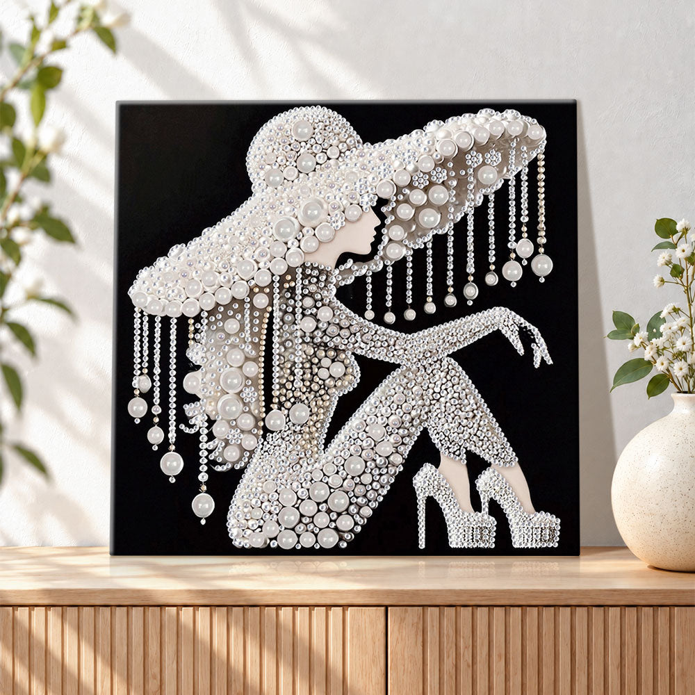 Finished pearl silhouette diva pearl diamond painting artwork displayed as holiday home decor