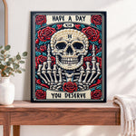 Finished pearl skull and roses pearl diamond painting artwork displayed as home decor