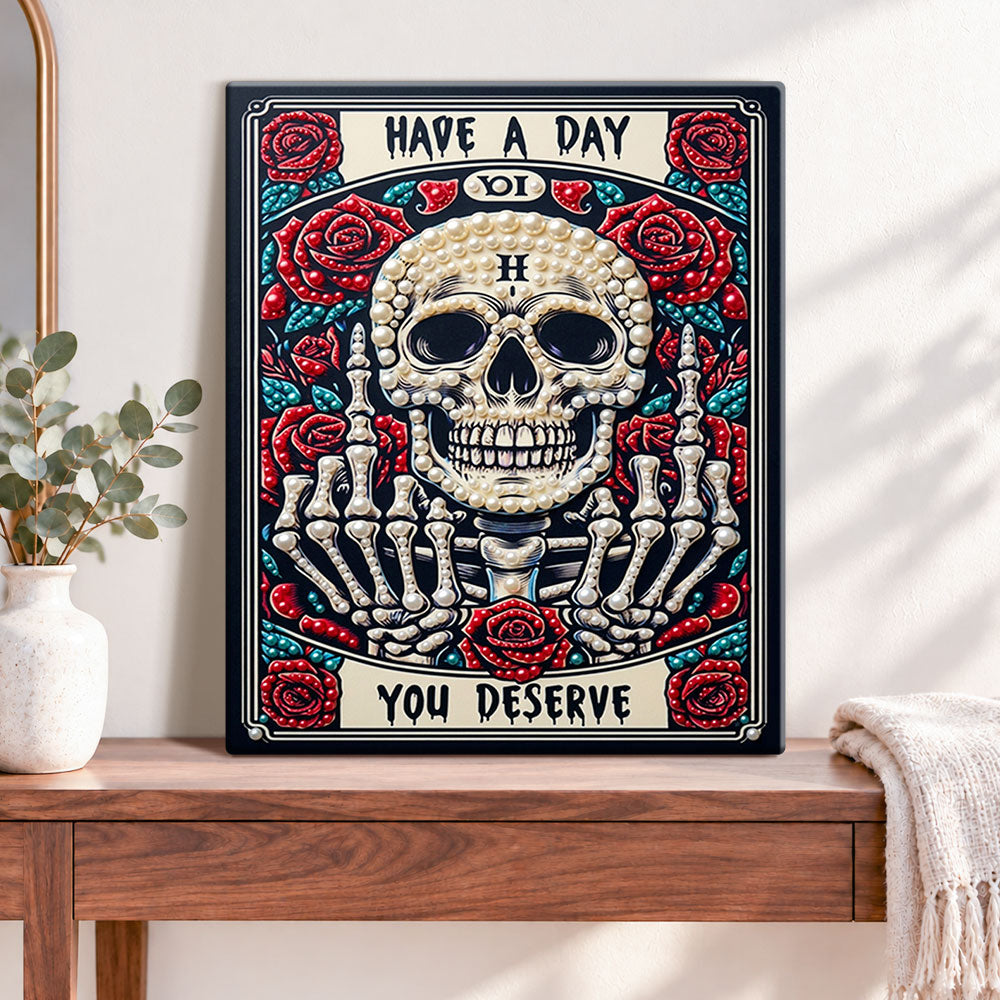 Finished pearl skull and roses pearl diamond painting artwork displayed as home decor