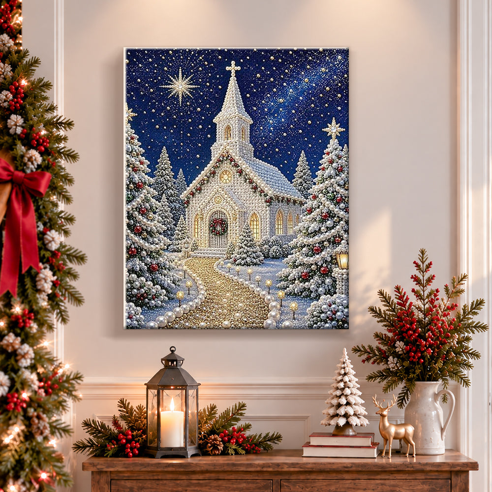 Finished pearl snowy church at night pearl diamond painting artwork displayed as holiday home decor
