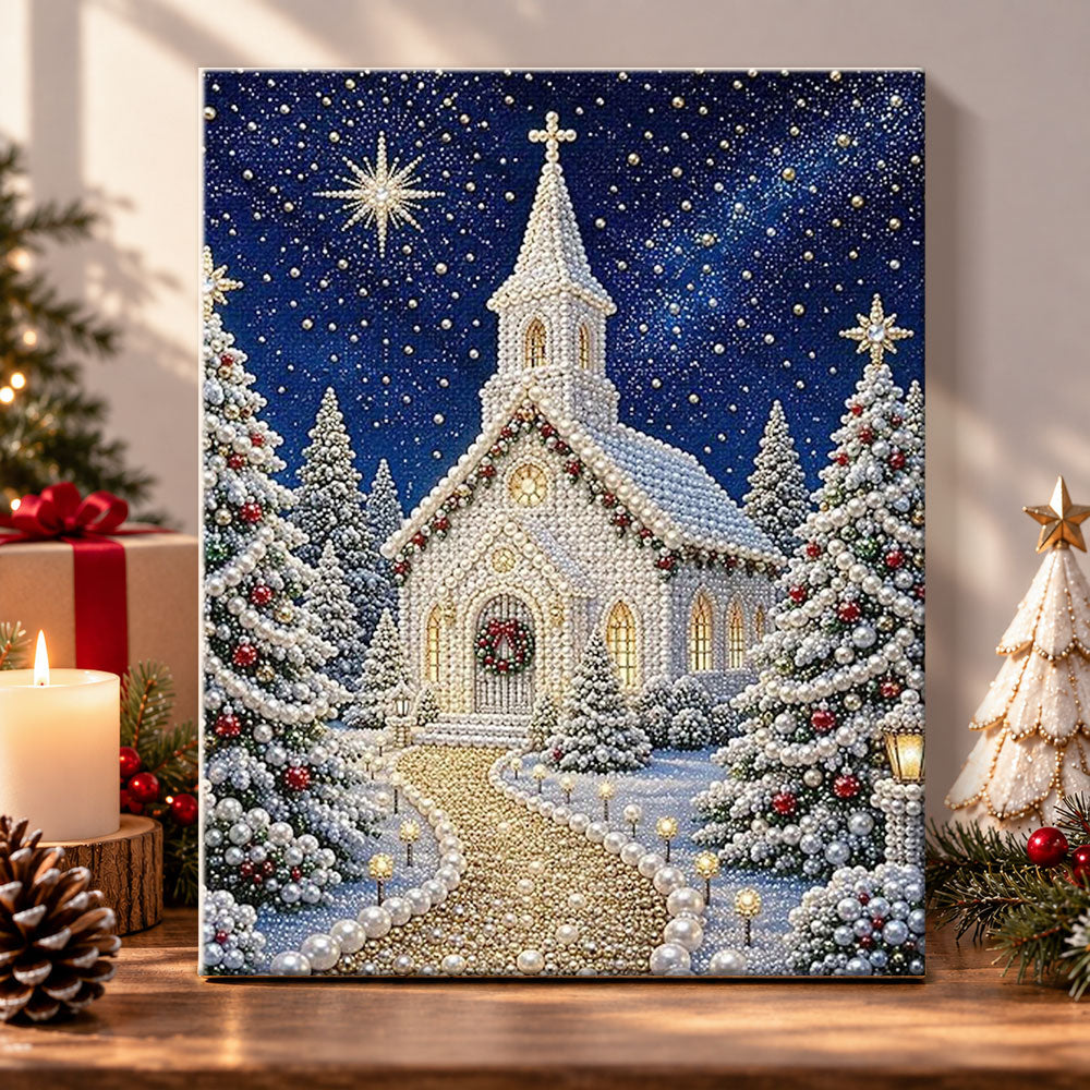 Pearl snowy church at night pearl diamond painting kit for beginners