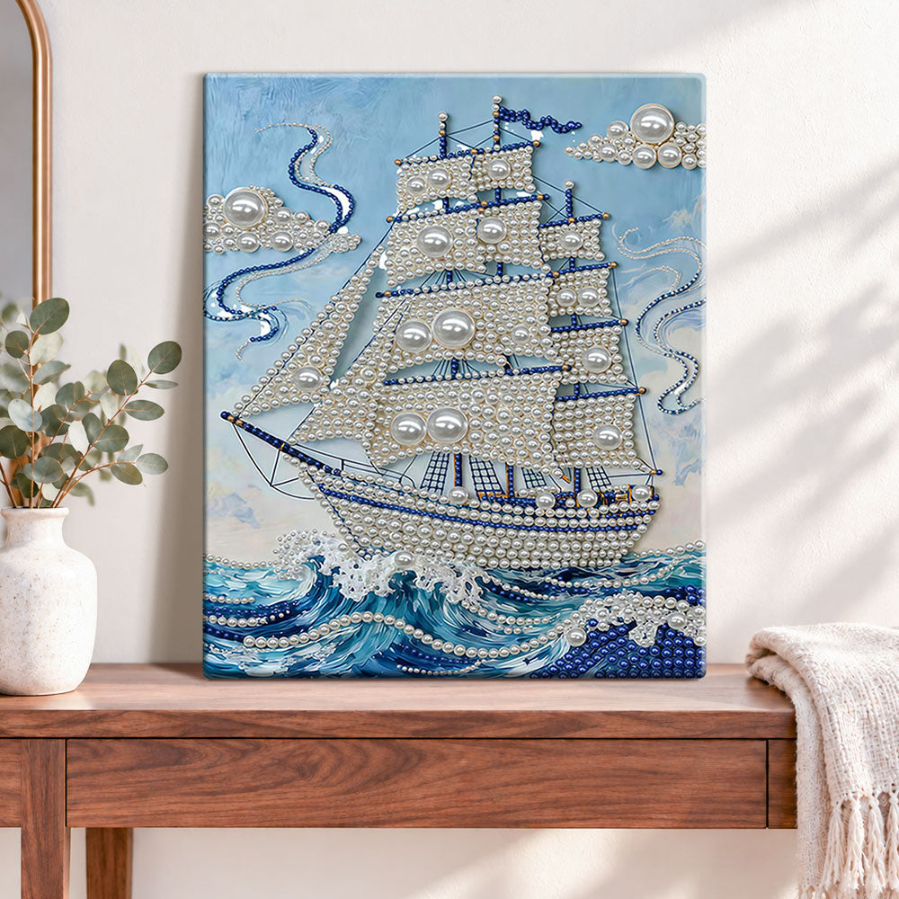 Finished pearl tall ship at sea pearl diamond painting artwork displayed as home decor