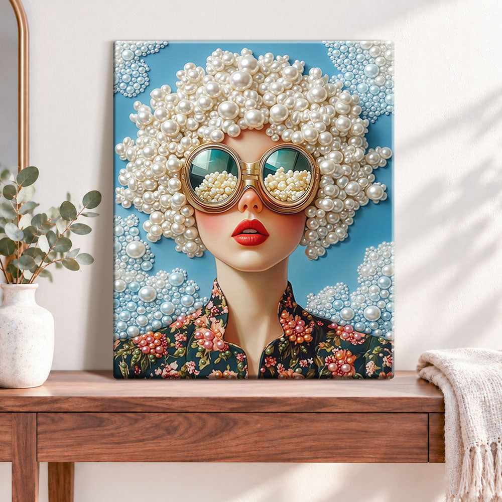 Finished pearled retro portrait pearl diamond painting artwork displayed as home decor