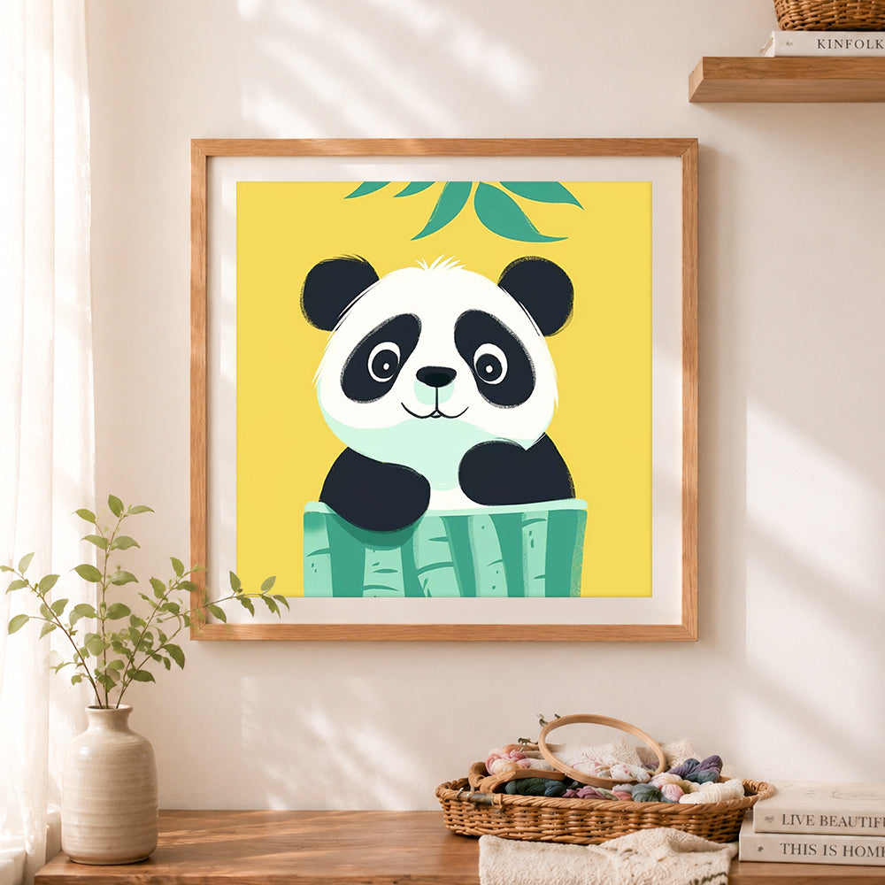 Finished peeking baby panda cross stitch artwork displayed as home decor