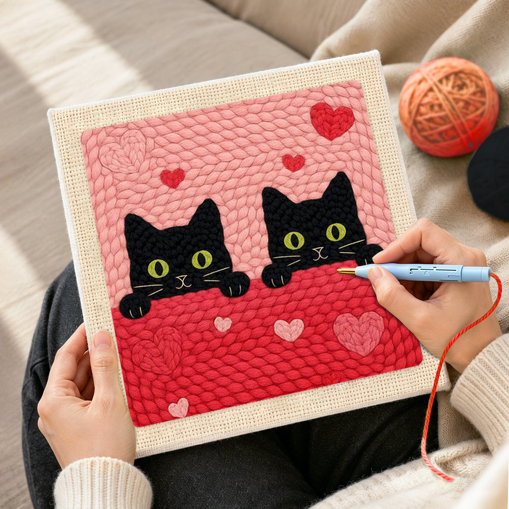 Creating handmade peeking black cat duo with green eyes punch needle artwork