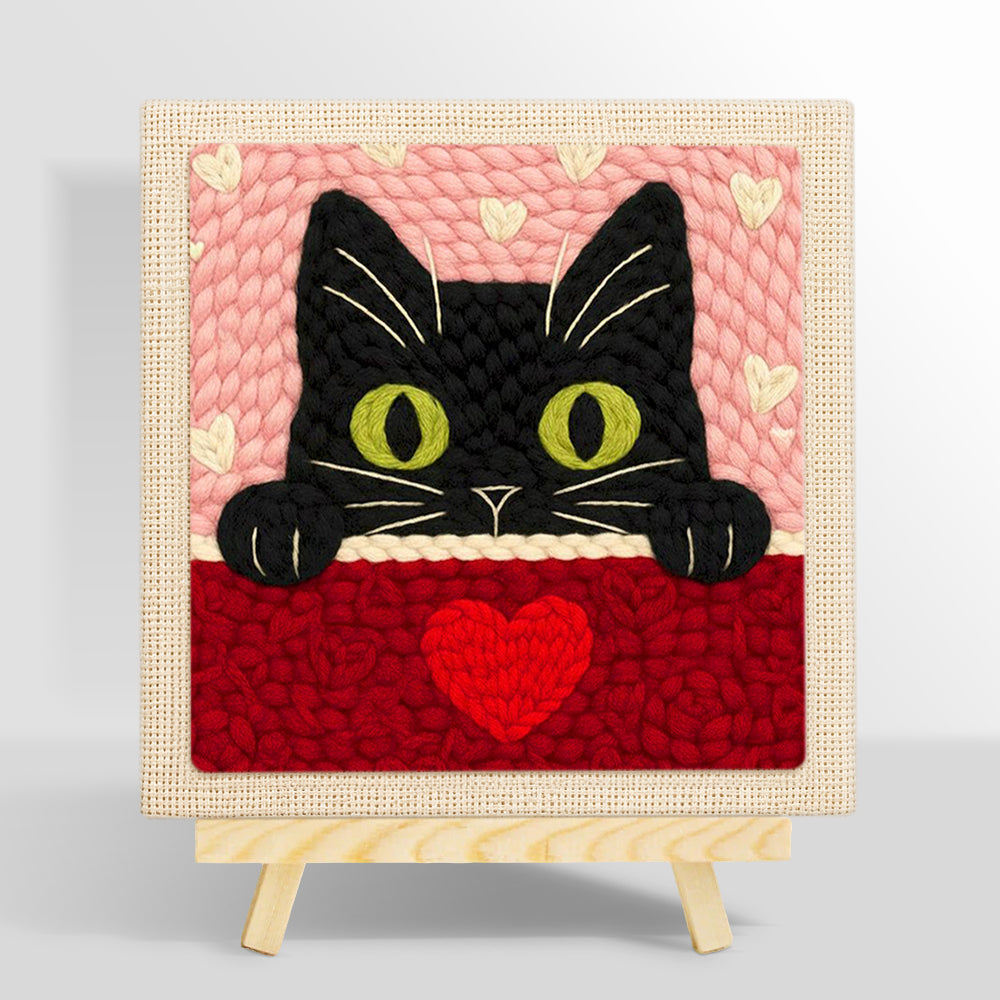 Peeking black cat with green eyes punch needle kit for beginners