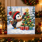 Finished penguin decorating christmas tree pearl diamond painting artwork displayed as holiday home decor
