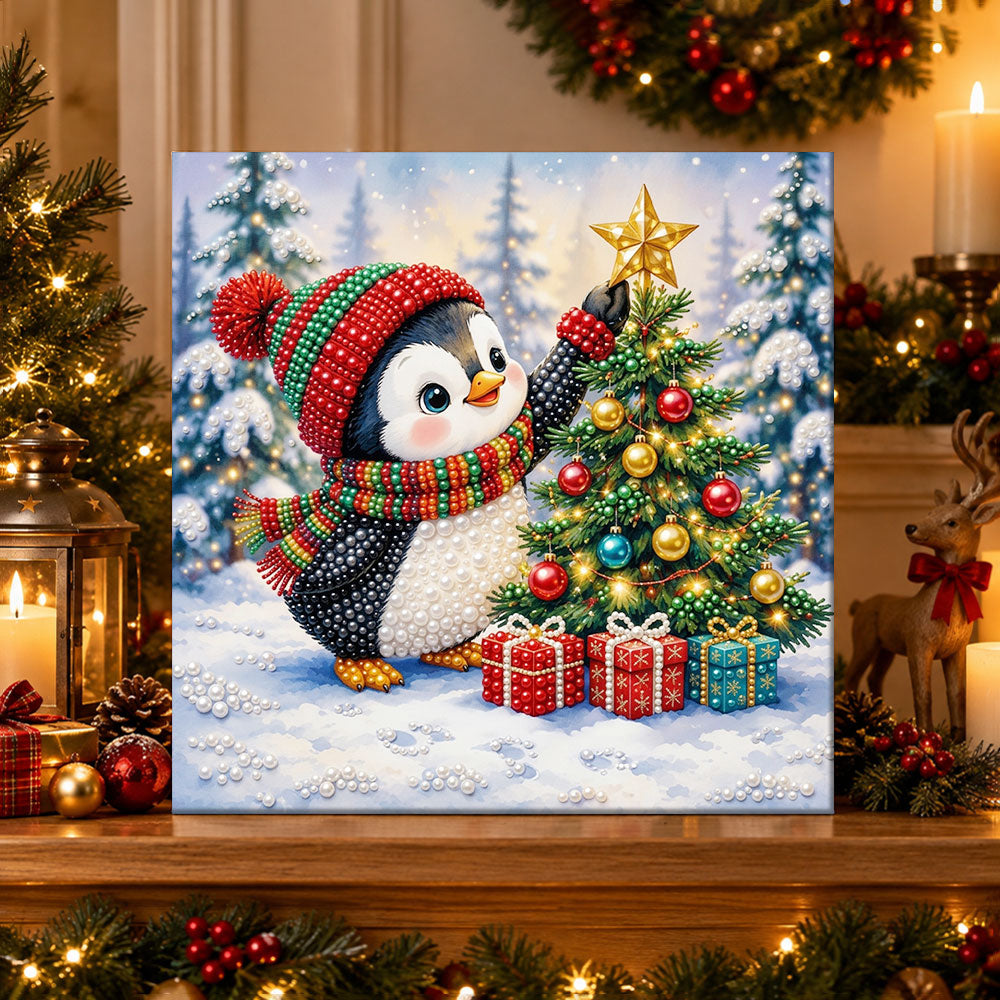 Finished penguin decorating christmas tree pearl diamond painting artwork displayed as holiday home decor