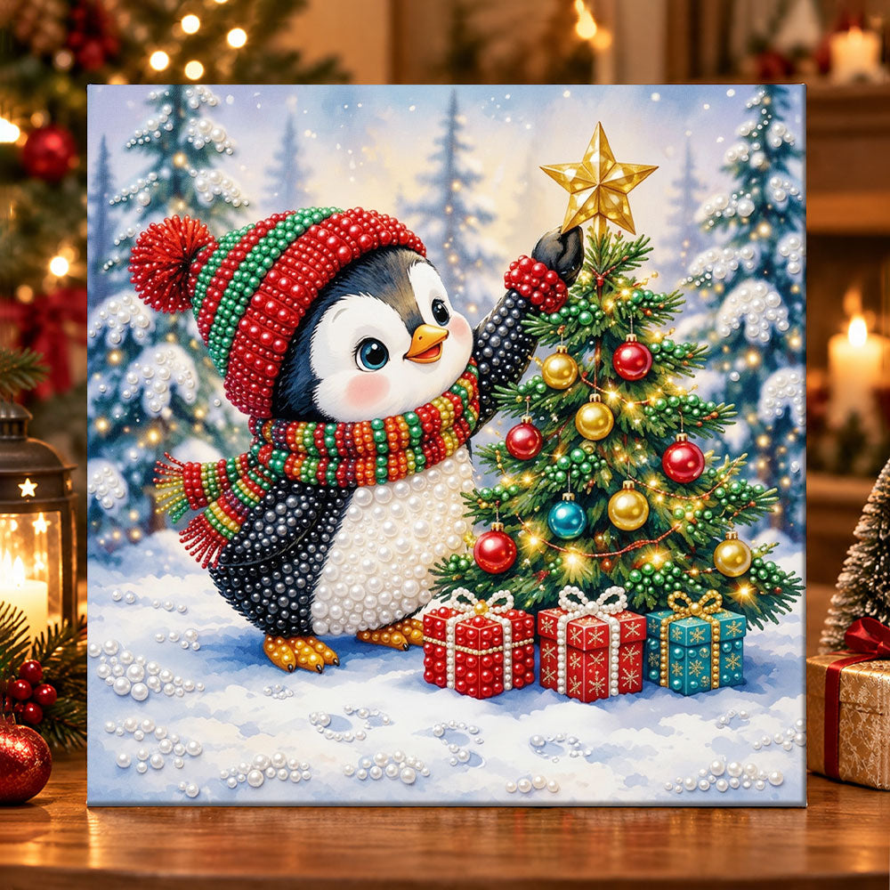Penguin decorating christmas tree pearl diamond painting kit for beginners