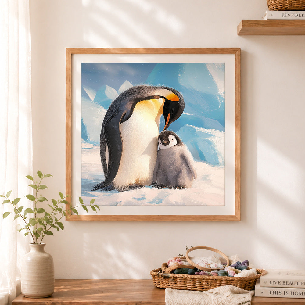 Finished penguin parent and chick cross stitch artwork displayed as home decor