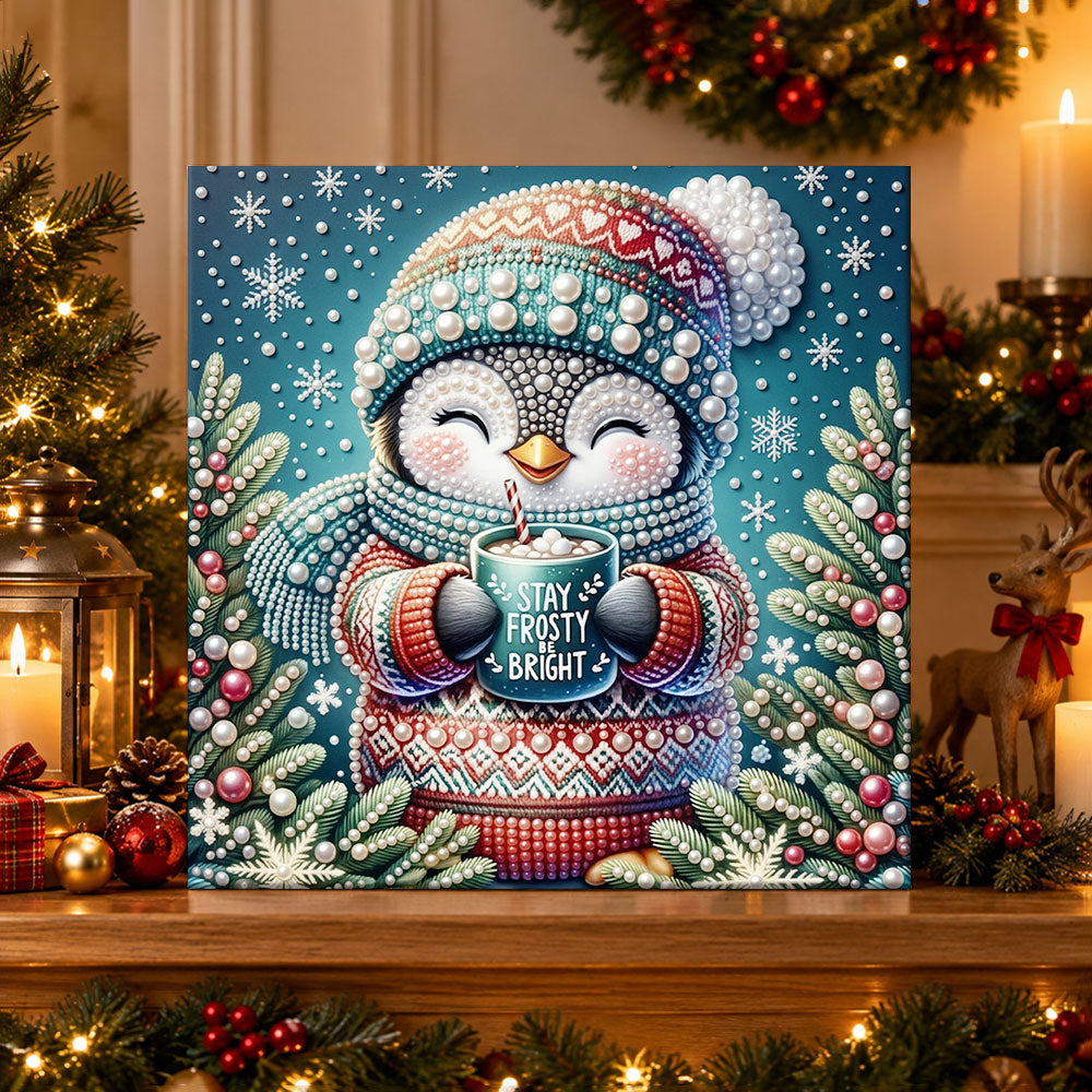 Finished penguin with warm hot cocoa pearl diamond painting artwork displayed as holiday home decor