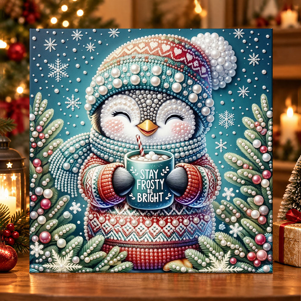 Penguin with warm hot cocoa pearl diamond painting kit for beginners