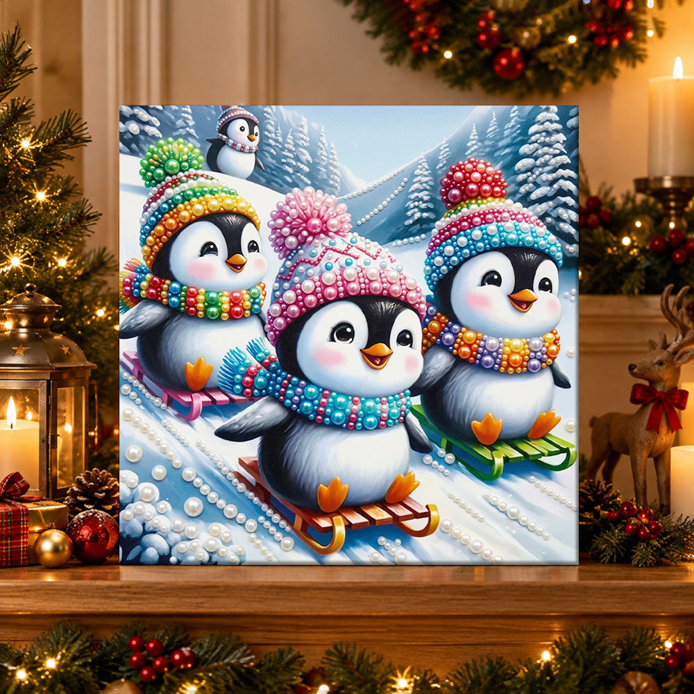 Finished penguins sledding in snowy mountain pearl diamond painting artwork displayed as holiday home decor