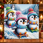 Penguins sledding in snowy mountain pearl diamond painting kit for beginners