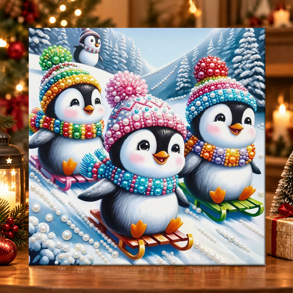 Penguins sledding in snowy mountain pearl diamond painting kit for beginners