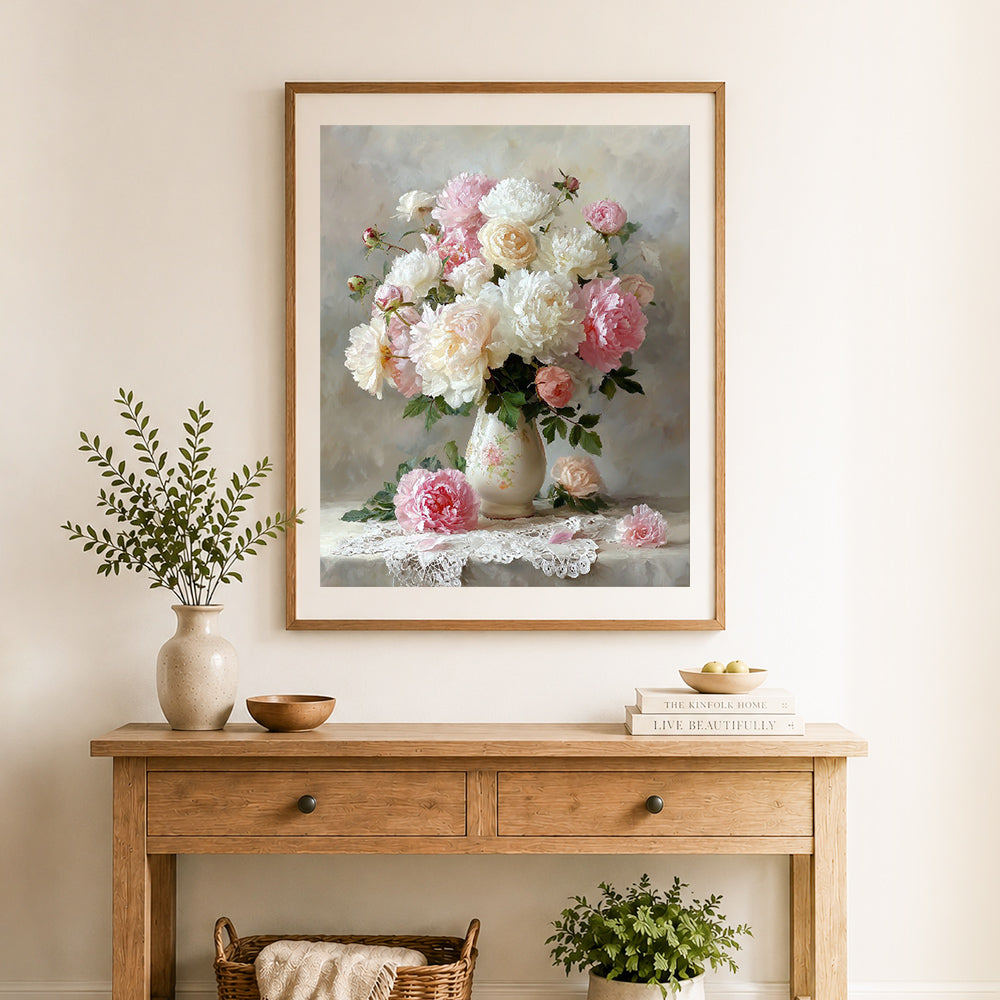 Finished peonies in porcelain vase cross stitch artwork displayed as home decor
