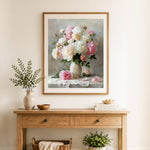 Finished peonies in porcelain vase cross stitch artwork displayed as home decor