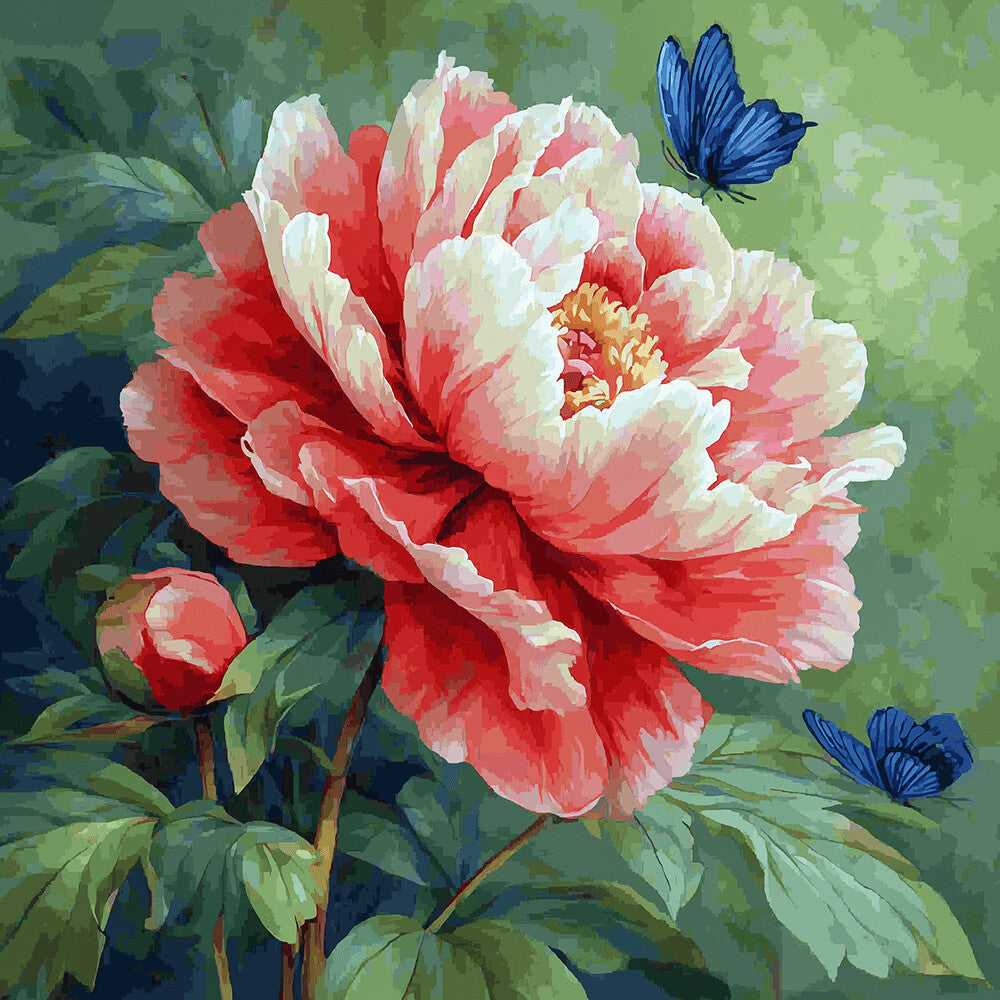 Peony and blue butterflies cross stitch kit for beginners