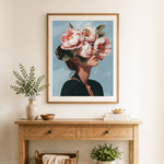 Finished peony face art cross stitch artwork displayed as home decor