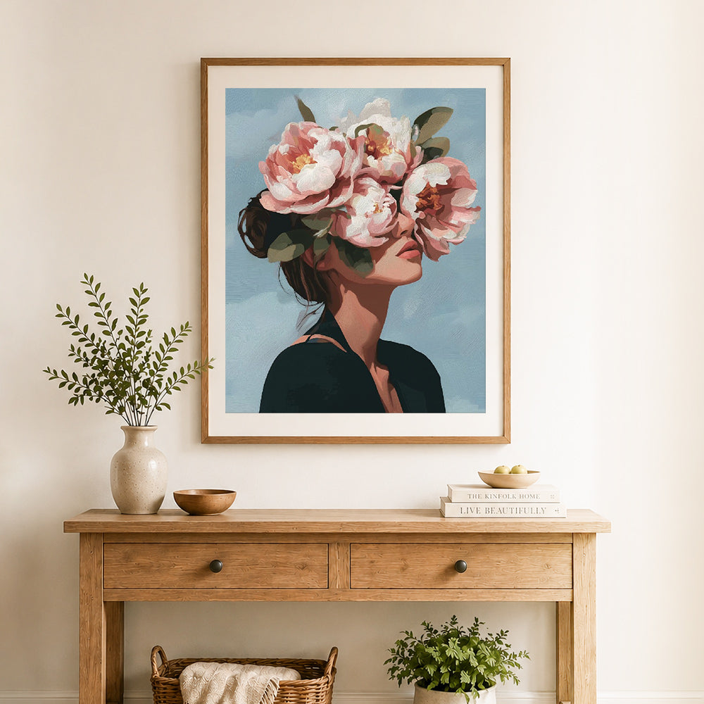 Finished peony face art cross stitch artwork displayed as home decor