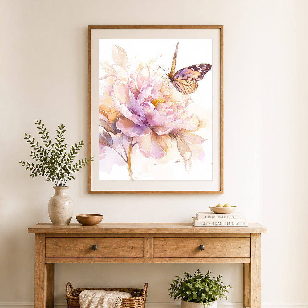Finished peony with butterfly cross stitch artwork displayed as home decor