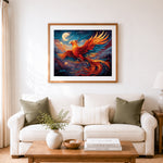 Finished phoenix flying under starry sky cross stitch artwork displayed as home decor