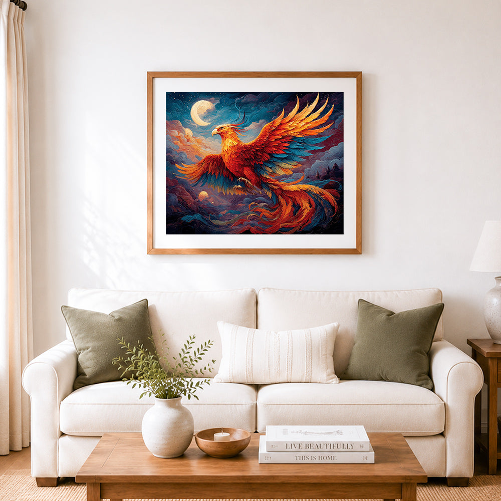 Finished phoenix flying under starry sky cross stitch artwork displayed as home decor