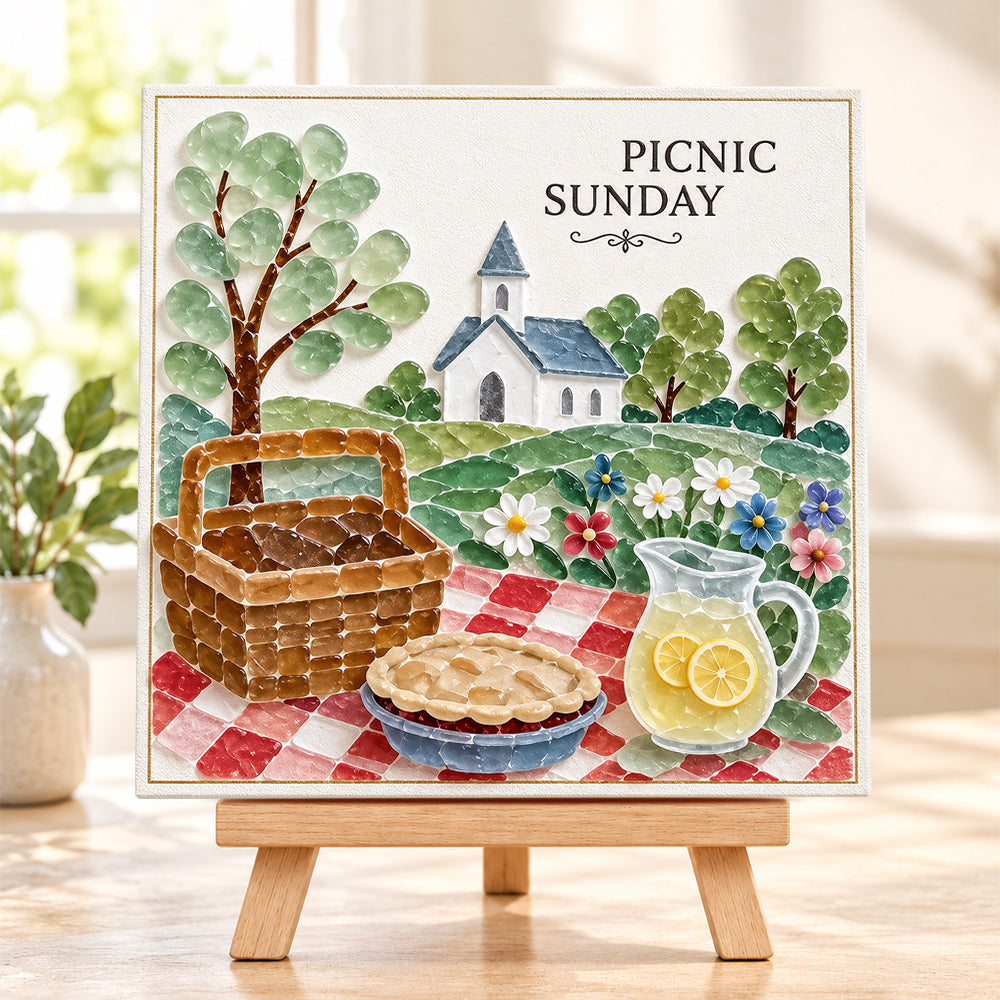 Picnic sunday sea glass art kit finished artwork on display
