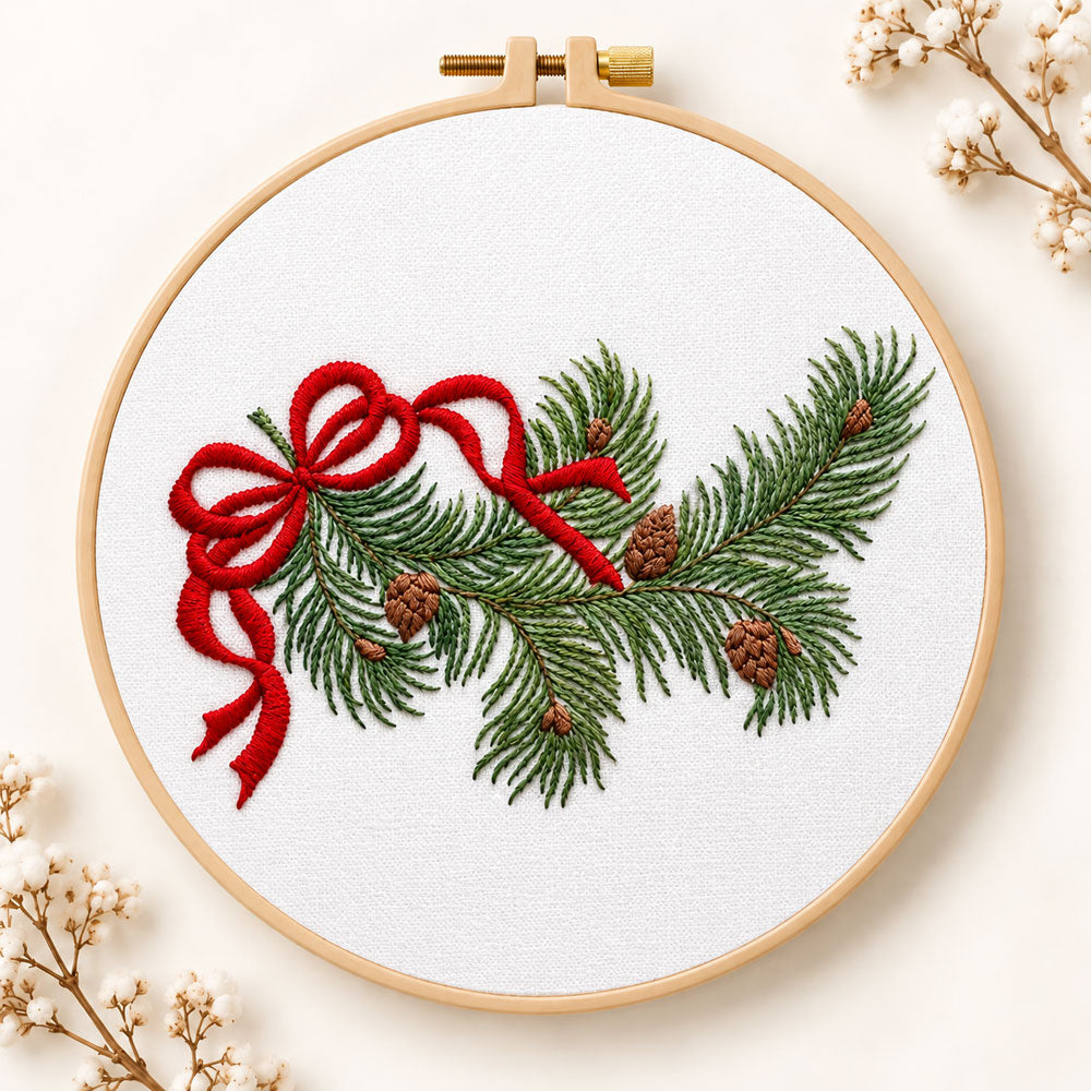 Pine branch with bow embroidery kit
