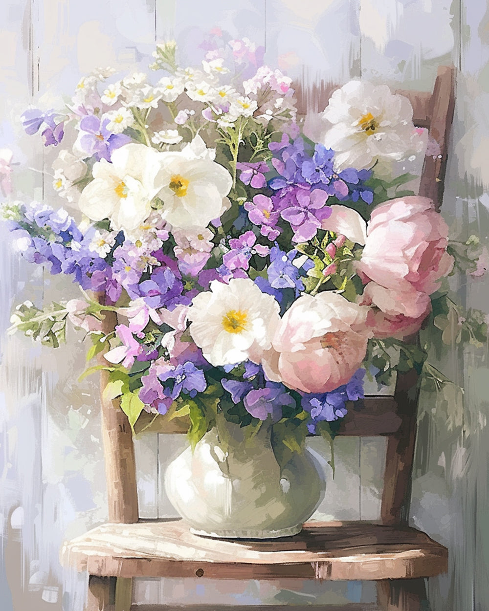 Pink and purple floral arrangement on wooden chair cross stitch kit for beginners